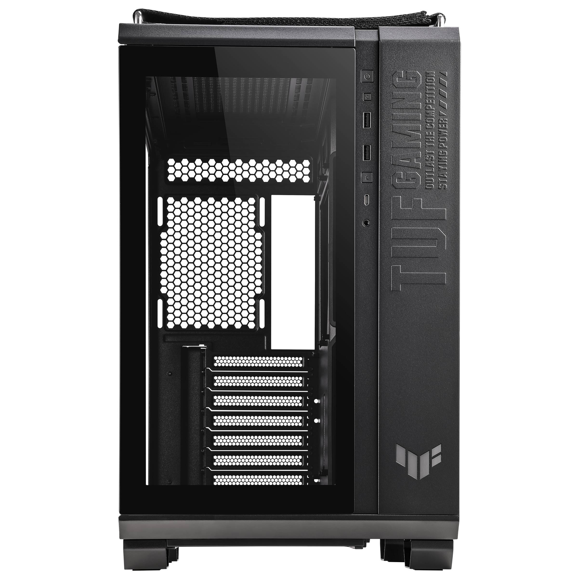 Schwarzes Gaming-PC-Gehäuse mit einem gläsernen Seitenteil, das das Innenleben sichtbar macht. 'TUF Gaming'-Logo seitlich erkennbar.