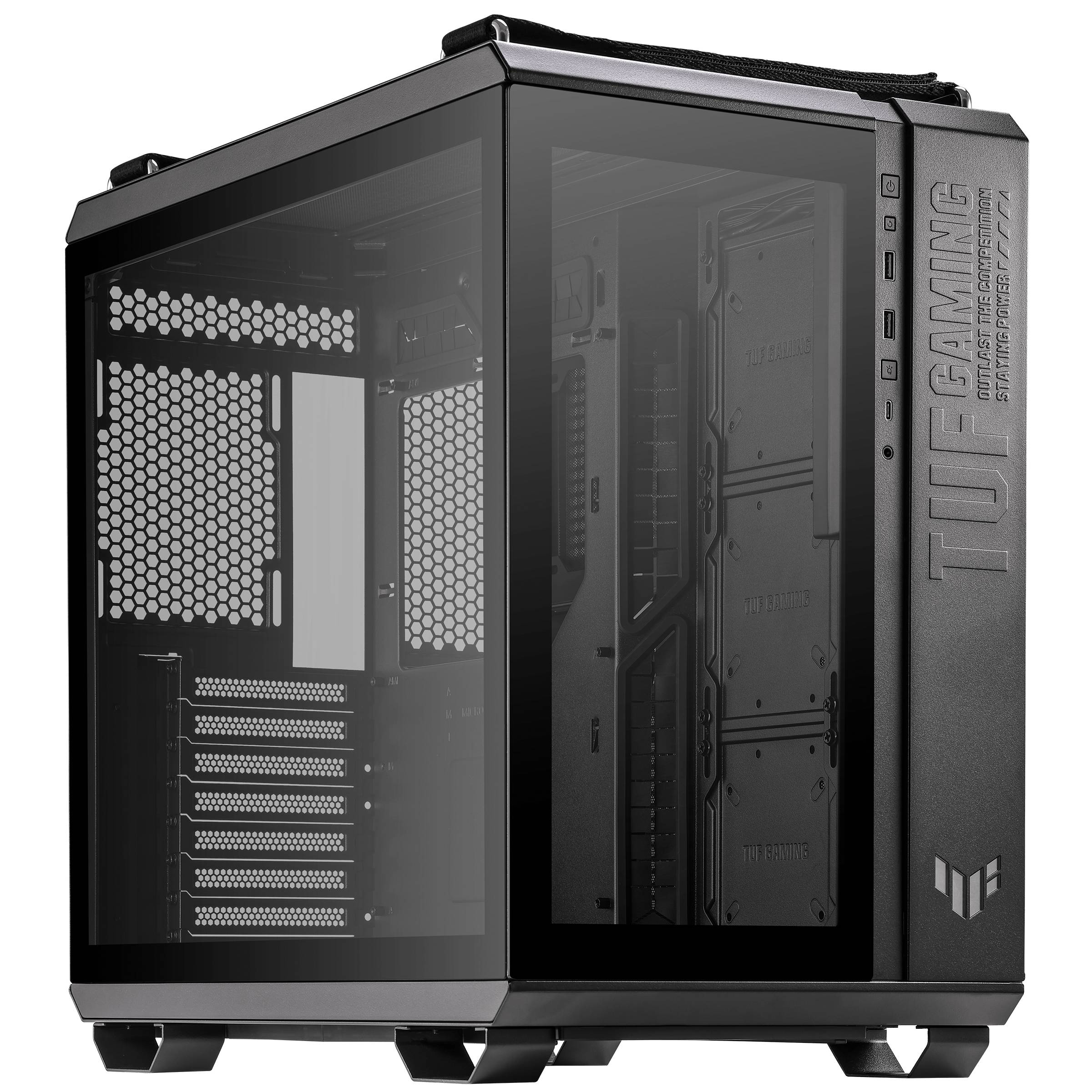 Ein schwarzes PC-Gehäuse mit durchsichtiger Seitenwand, Etikett 'TUF Gaming'. Geeignet für Gaming-PC-Builds mit mehreren Lüfteröffnungen.