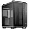 Ein schwarzes PC-Gehäuse mit durchsichtiger Seitenwand, Etikett 'TUF Gaming'. Geeignet für Gaming-PC-Builds mit mehreren Lüfteröffnungen.