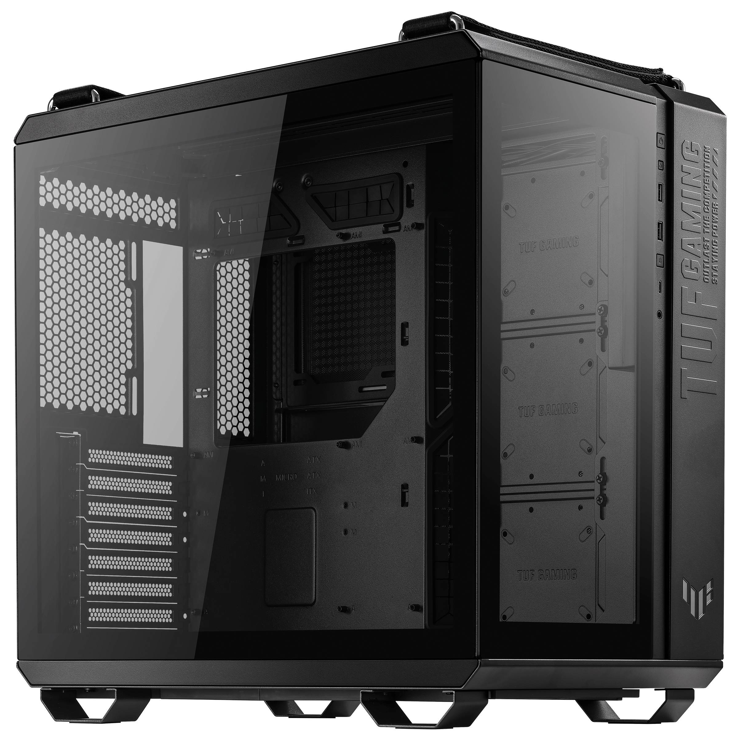 Ein schwarzes, leeres Computergehäuse mit transparentem Fenster. Auf der Seite steht 'TUF Gaming'.