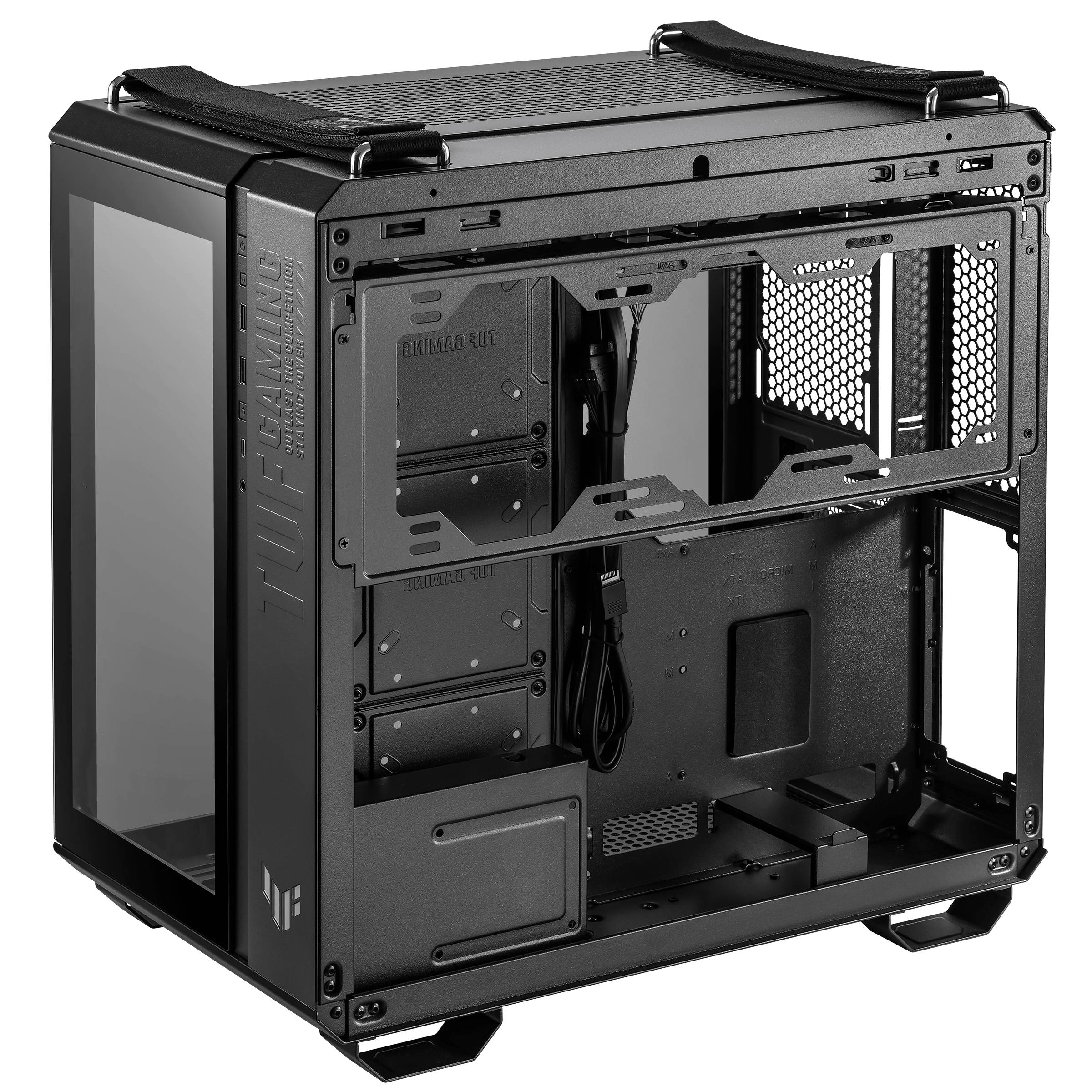 Ein schwarzes PC-Gehäuse mit Glasfenster an der Seite zeigt leeren Innenraum für Computerkomponenten, unterstützt vertikale Montage.