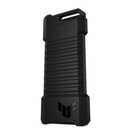 Schwarze, robuste externe Festplatte mit vertikalem Rillenmuster und kleinem Griff oben, geeignet zum Transport und Schutz von Daten.