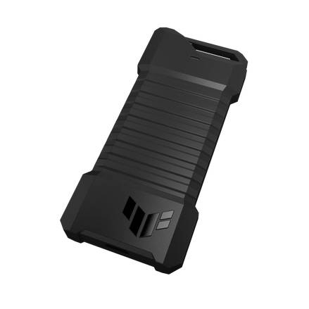 Ein schwarzes, robustes tragbares Speichermodul mit geriffelter Oberfläche und einem kleinen Logo in der Ecke.