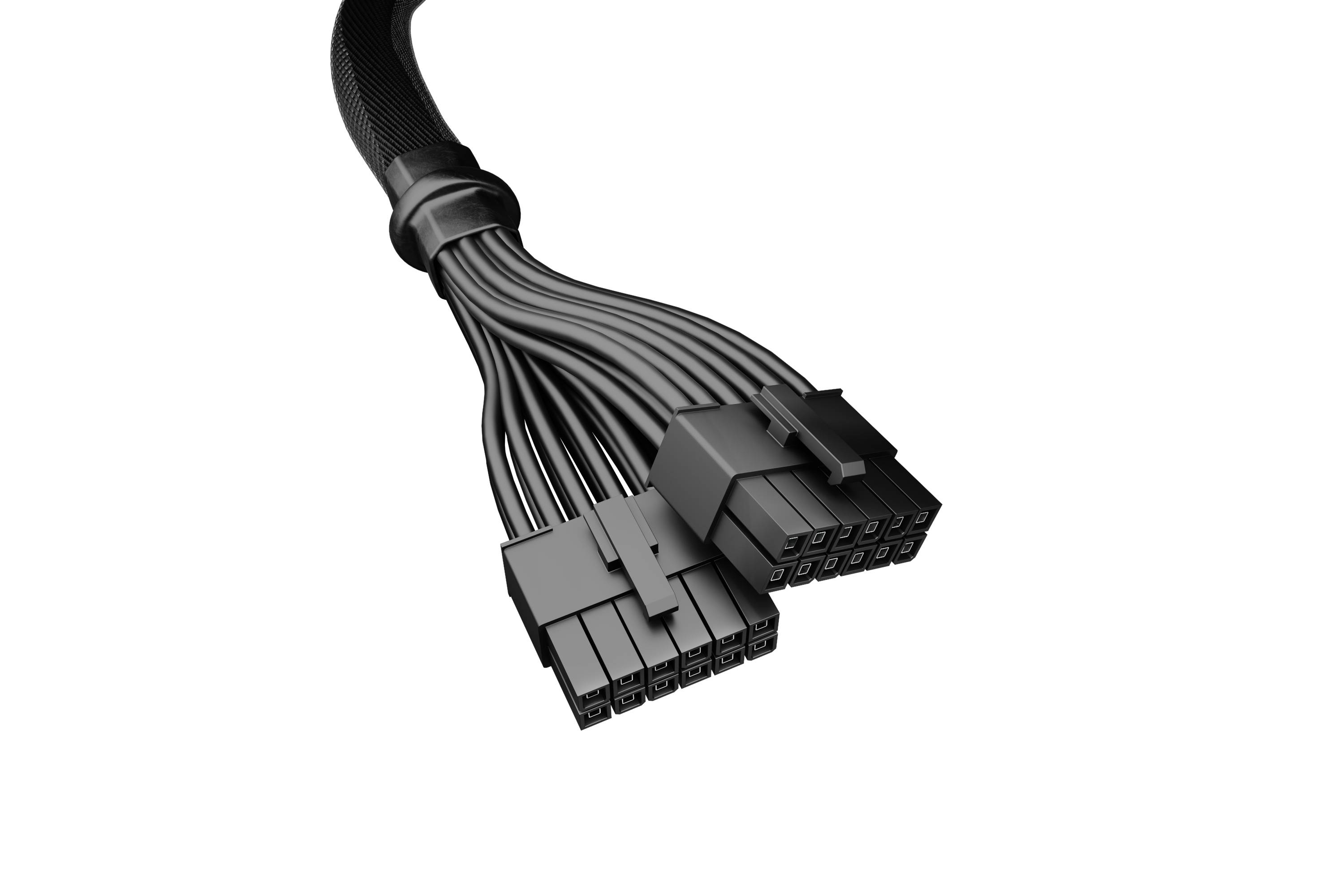 Ein schwarzes, geflochtenes Kabel mit zwei Steckern für Computerhardware, die mehrere Pins haben, vor weißem Hintergrund.