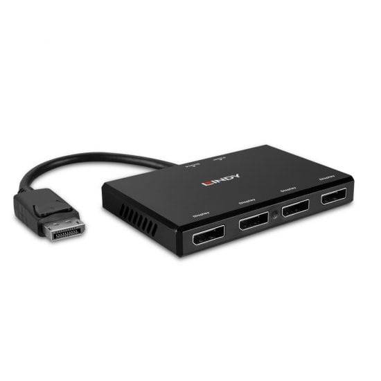 Schwarzer HDMI-Splitter mit vier Ausgängen und einem Eingangskabel, geeignet zum Verbinden mehrerer Bildschirme mit einer Quelle.