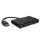 Schwarzer HDMI-Splitter mit vier Ausgängen und einem Eingangskabel, geeignet zum Verbinden mehrerer Bildschirme mit einer Quelle.
