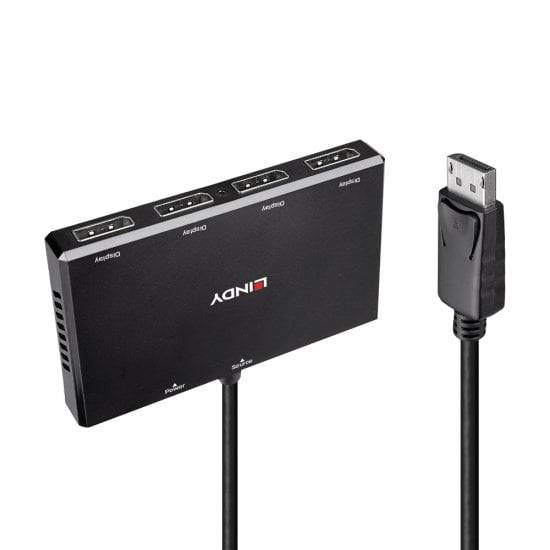 Ein DisplayPort 1.4 MST-Hub mit vier Anschlüssen und einem abnehmbaren Kabel, geeignet für Multi-Monitor-Setups in professionellen Umgebungen.