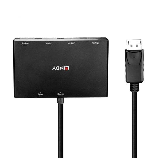 Ein schwarzer DisplayPort-Kabel-Splitter mit einem DisplayPort-Kabel, geeignet zum Verbinden mehrerer Displays mit einer Quelle.