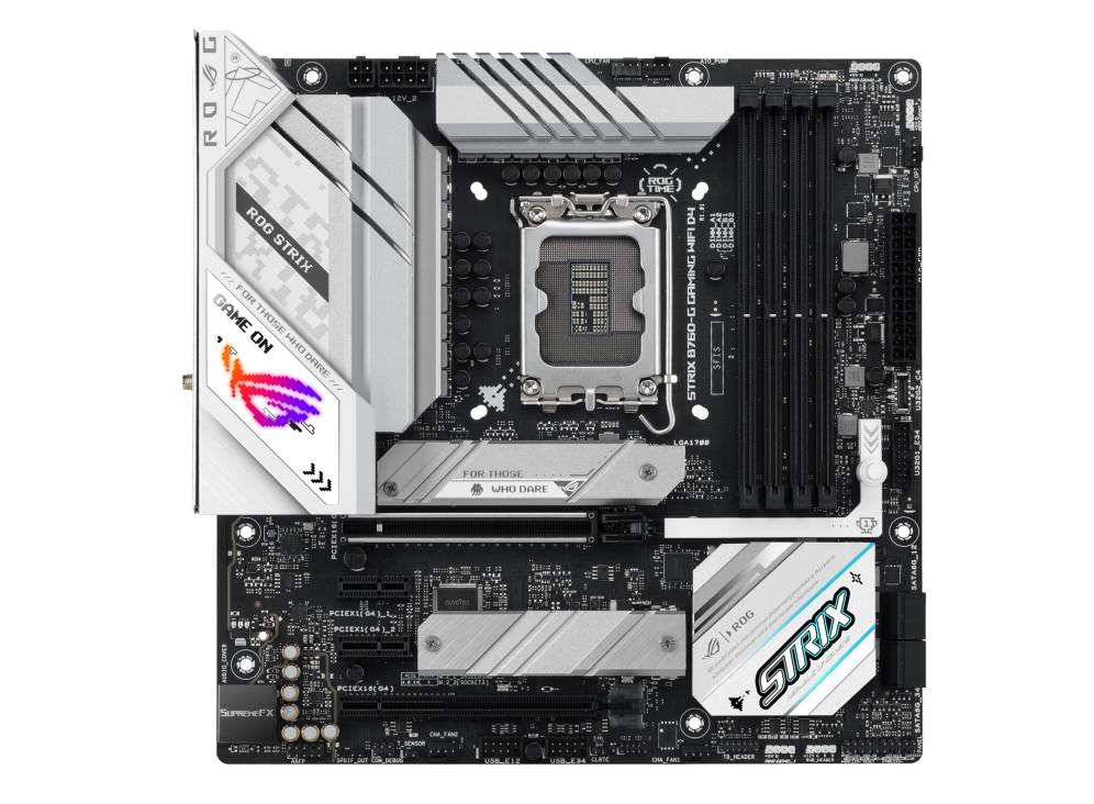 Eine Computer-Mainboard mit mehreren Steckplätzen und Komponenten, markiert mit 'ROG Strix'.