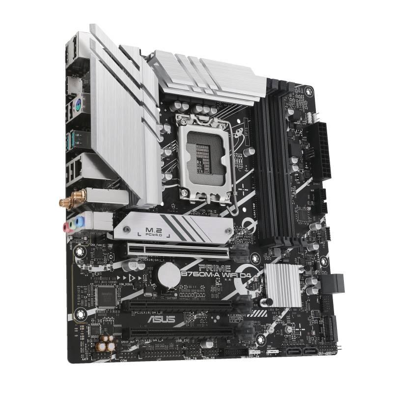 Eine Asus-Computer-Mainboard zeigt verschiedene Steckplätze und Anschlüsse für Prozessor, RAM, PCI und andere Komponenten.