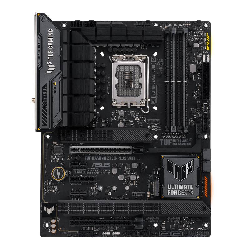Eine schwarze ASUS-Mainboard-Platine mit mehreren Anschlüssen, dem 'TUF Gaming'-Logo und Beschriftung 'Z690-PLUS WIFI'.