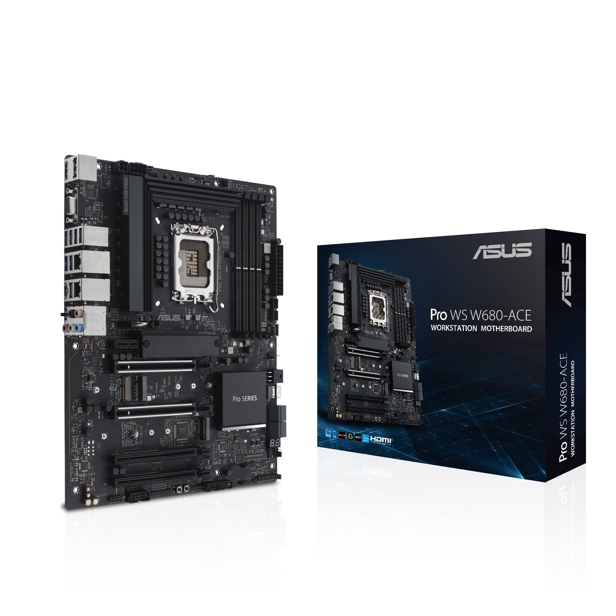 Hauptplatine Asus Pro WS W680-ACE neben der Verpackung. Geeignet für Workstations, bietet zahlreiche Schnittstellen und Anschlüsse.