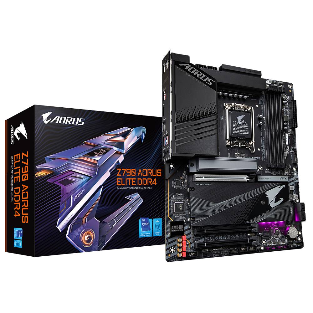Mainboard von Aorus Z790 AORUS ELITE DDR4, neben der Verpackung. Enthält Details zu Komponenten und Buchsen, auf schwarzem Hintergrund.