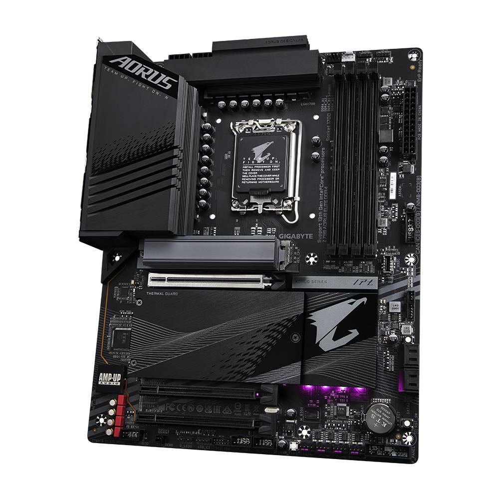 Ein schwarzes Aorus-Mainboard mit mehreren Steckplätzen, einem AMD-AM4-Sockel und verschiedenen Kühlkörpern.
