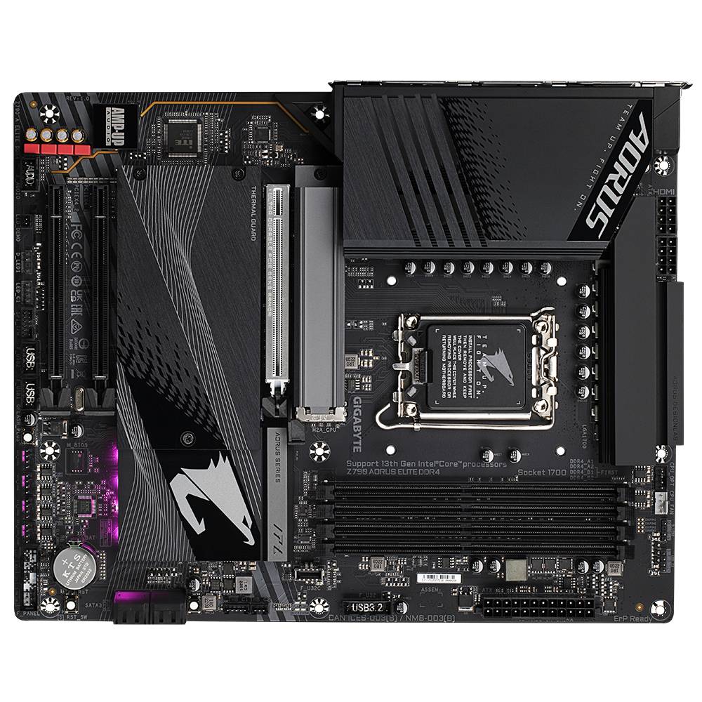 Eine schwarze Hauptplatine mit mehreren Steckplätzen und einem AORUS-Logo, geeignet für den Einbau in einen Computer.