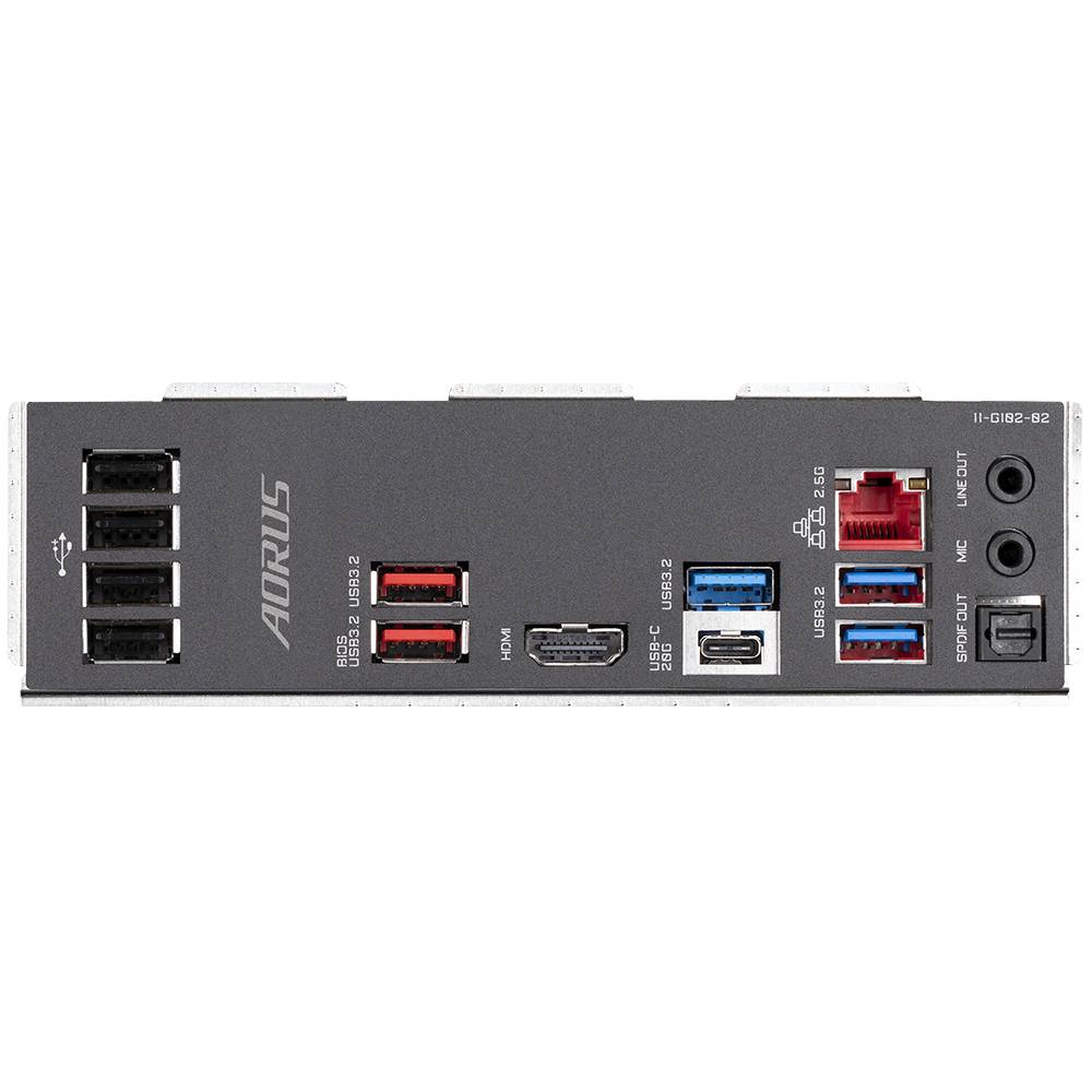 'Rückseite eines Mainboards mit USB, HDMI, Ethernet, Audioanschlüssen und Branding.'