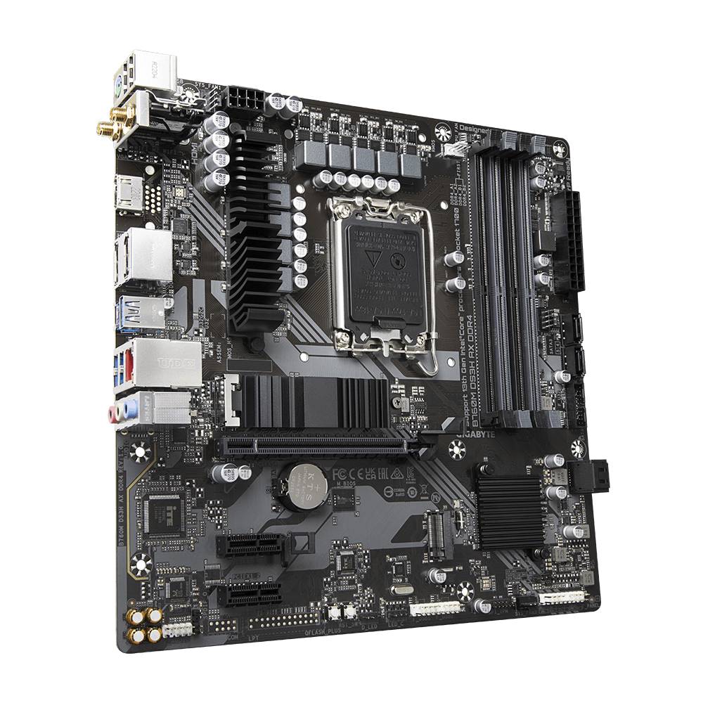 Eine schwarze Computer-Motherboard-Platine mit verschiedenen Steckplätzen und Anschlüssen für Hardwarekomponenten.