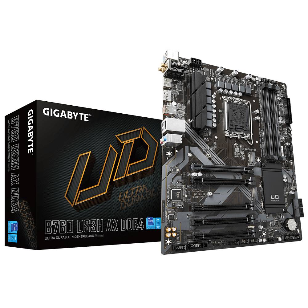 Gigabyte B760 DS3H AX DDR4-Motherboard mit Verpackung. Mit PCIe-Steckplätzen und Kühlkörpern für den Aufbau eines Desktop-PCs.