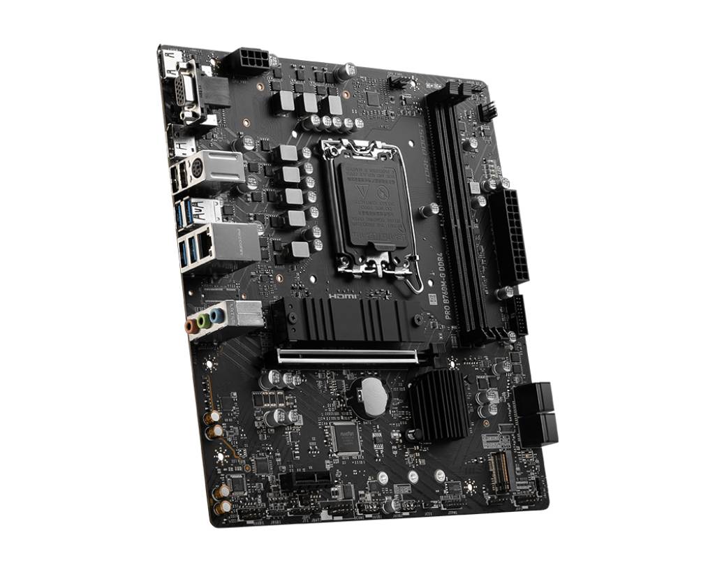 Eine schwarze Computer-Hauptplatine mit mehreren Anschlussports und Steckplätzen für Komponenten wie RAM und CPU.
