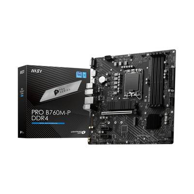 'MSI PRO B760M-P DDR4'-Motherboard neben Verpackung. Schwarzes PCB mit verschiedenen elektronischen Komponenten und Anschlüssen.