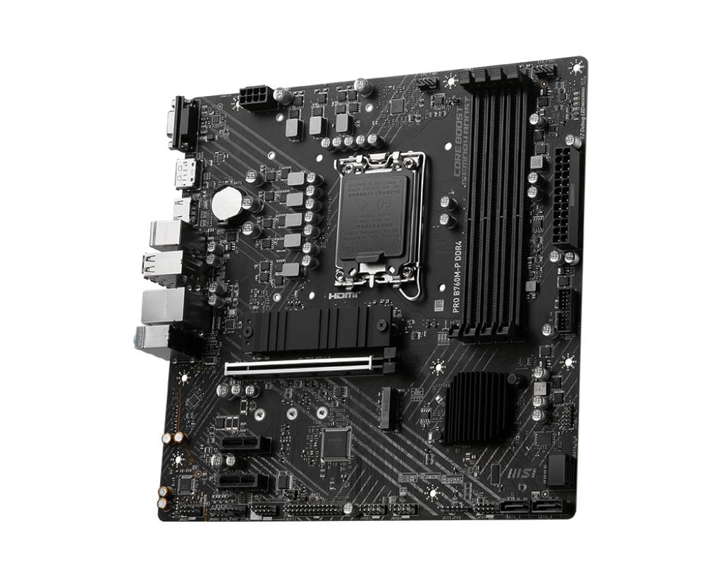 Ein schwarzes Computer-Motherboard mit sichtbaren PCIe-Steckplätzen, RAM-Steckplätzen und verschiedenen Anschlüssen.