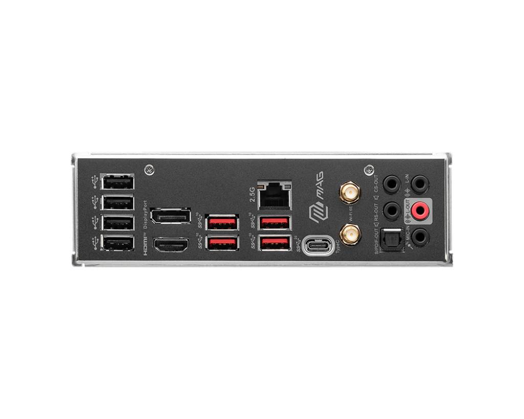 Rückansicht eines Computer-Motherboards mit mehreren USB-Anschlüssen, HDMI-Port, Audioanschlüssen und Antennenanschlüssen für WLAN.