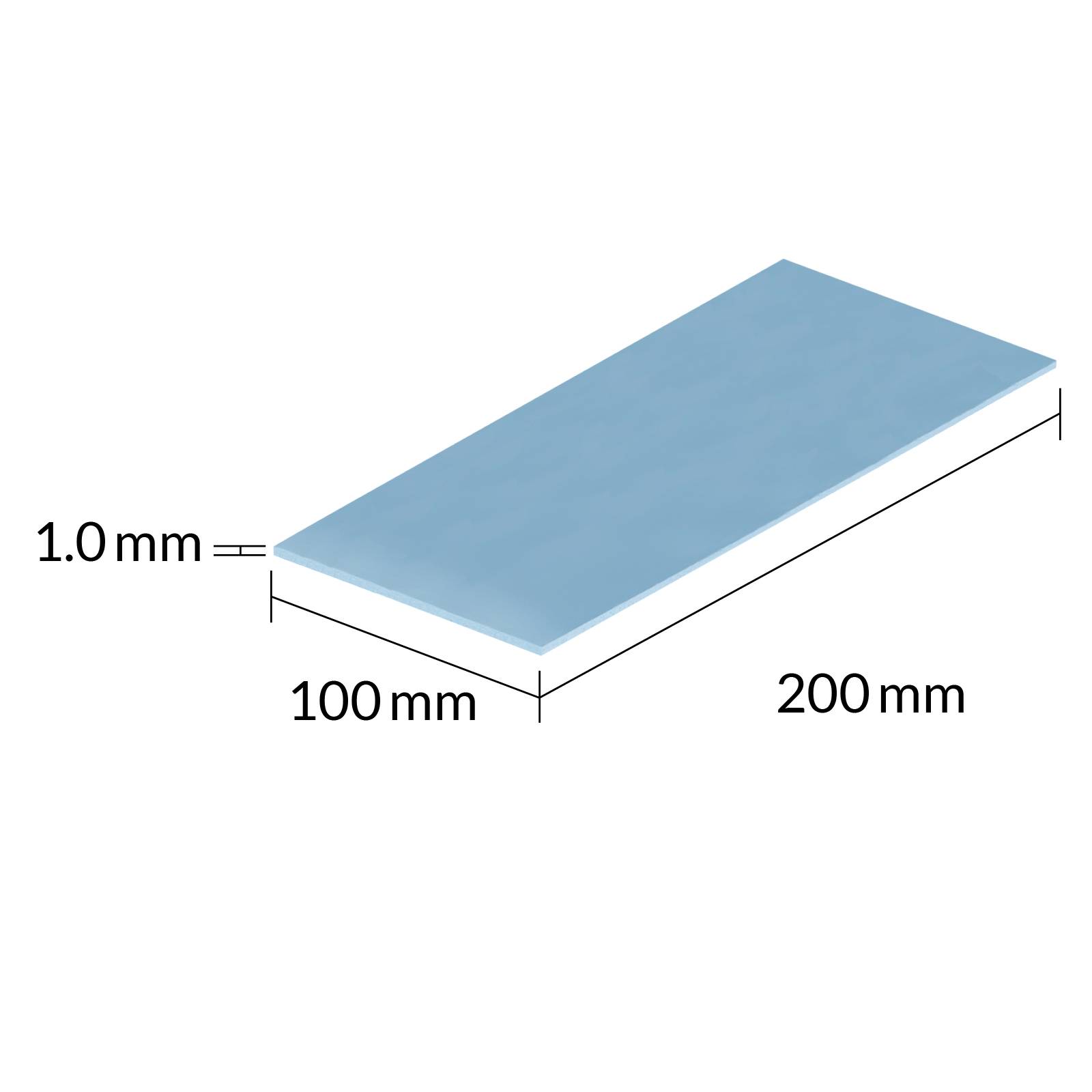 Ein Rechteck mit den Maßen 200 mm x 100 mm x 1 mm wird dreidimensional dargestellt.