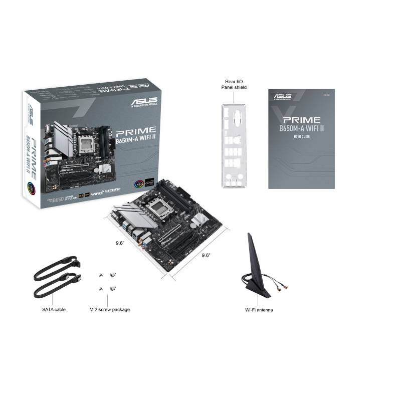 'Mainboard ASUS PRIME B650M-A WIFI II' in der Originalverpackung. Beiliegendes Zubehör: SATA-Kabel, WLAN-Antenne, M.2-Schraubenpaket, I/O-Blende. Abmessungen des Mainboards: 9,6 x 9,6 Zoll.