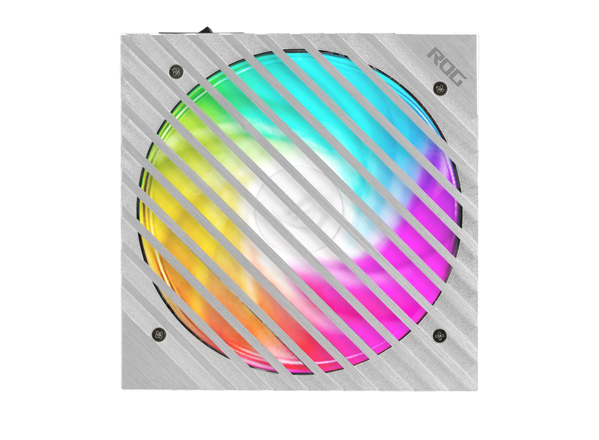Ein weißer Computerlüfter mit bunten LEDs, die in einem Regenbogenmuster leuchten. Lüfterblätter sind durch diagonale Streben sichtbar.