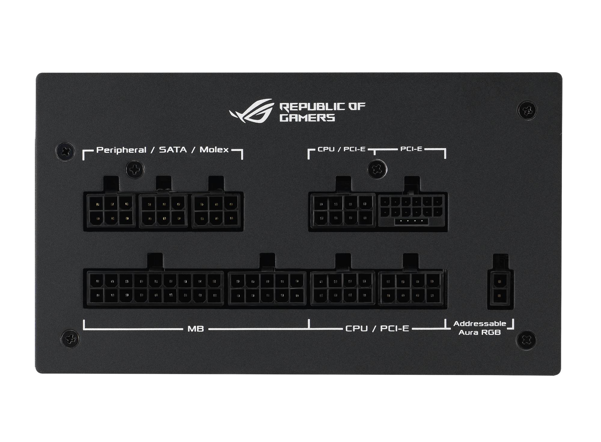 Rückseite eines Netzteils mit mehrfachen Anschlussmöglichkeiten für Peripheriegeräte, SATA, CPU, PCI-E und adressierbare RGB-LEDs.