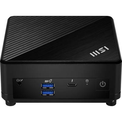 Kompakter schwarzer Mini-PC von MSI mit USB-Anschlüssen und Netzschalter an der Vorderseite.