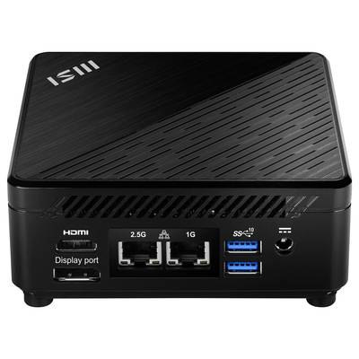 Ein kompakter schwarzer Mini-PC mit glänzender Oberfläche und mehreren Anschlüssen: HDMI, zwei Ethernet-Ports, zwei USB-Ports und DisplayPort.