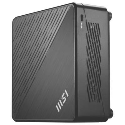 Ein kompakter, schwarzer Mini-PC mit geneigten Lüftungsschlitzen, zeigt das MSI-Logo. Ideal für platzsparende Computerlösungen.