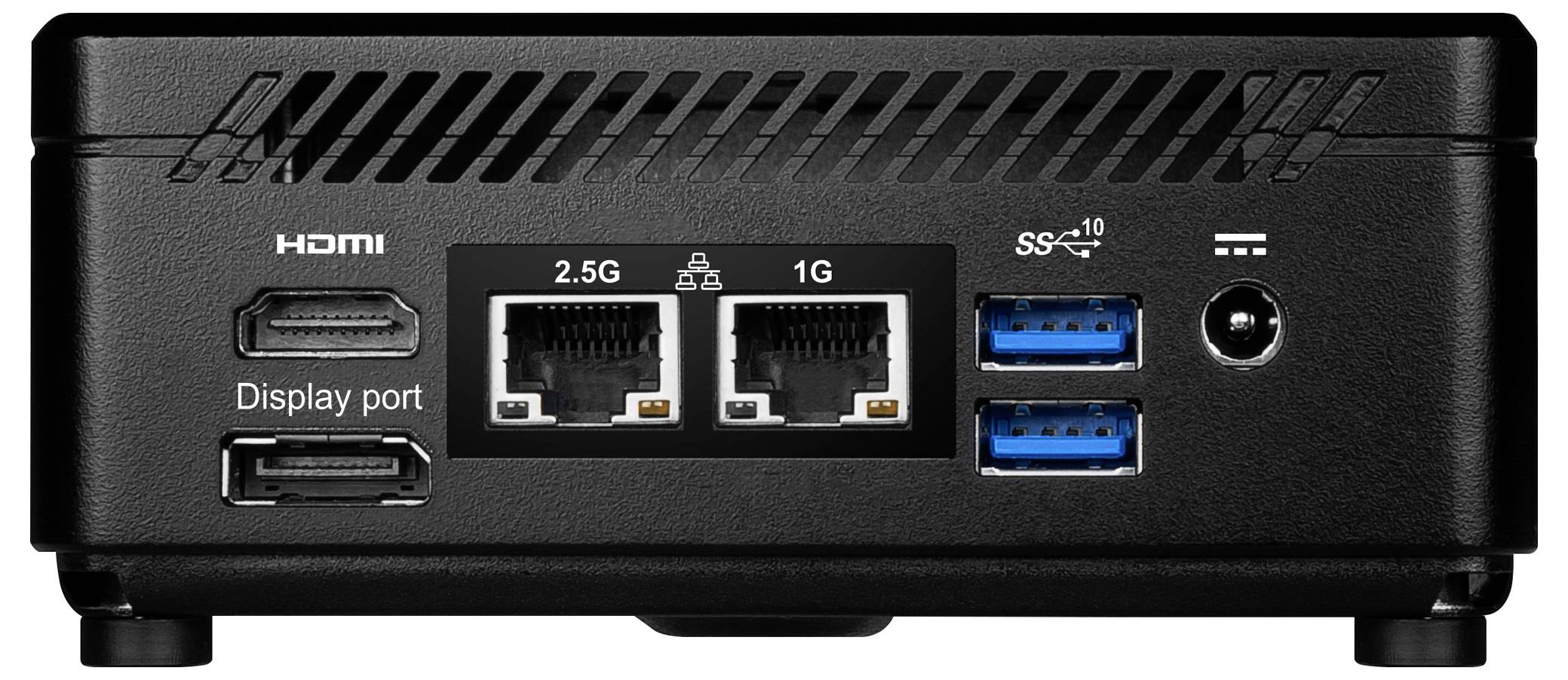 'Kleiner schwarzer Computer mit Anschlüssen: HDMI, DisplayPort, zwei Ethernet-Ports, zwei USB 3.0-Ports, Netzteilanschluss.'