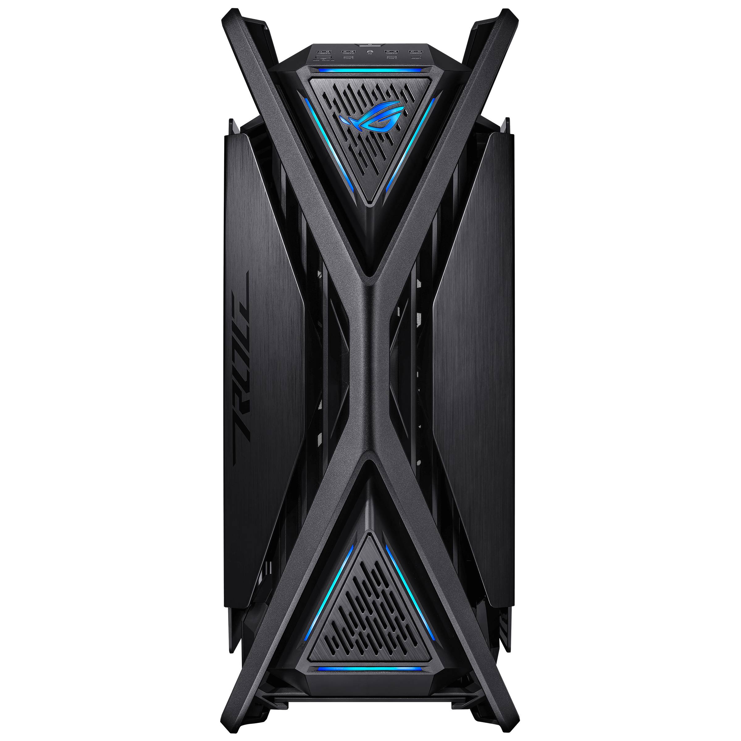 Gaming-PC-Gehäuse in schwarzem Design, mit beleuchteten blauen LED-Elementen. Vertikale Linien und das ROG-Logo an der Vorderseite.