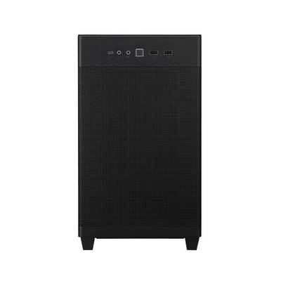 Ein schwarzes Computergehäuse mit Frontanschlüssen, darunter ein USB-C-Port, zwei USB-A-Ports und ein Kopfhöreranschluss.