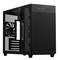 Schwarzes PC-Gehäuse mit seitlicher Glastür, sichtbare Lüfter und Belüftungsgitter an der Vorderseite. Schlichtes, modernes Design.