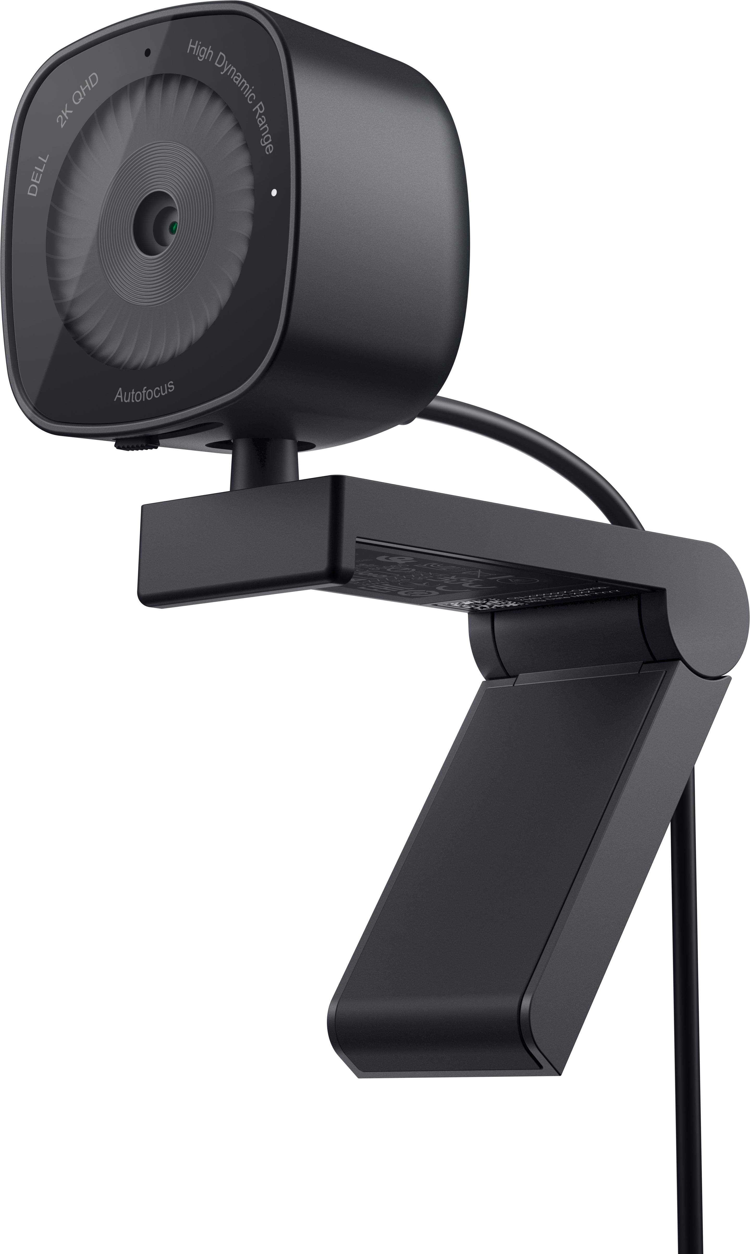 Schwarze Webcam in modernem Design mit Halterung und USB-Kabel, geeignet für Videokonferenzen und Online-Kommunikation.