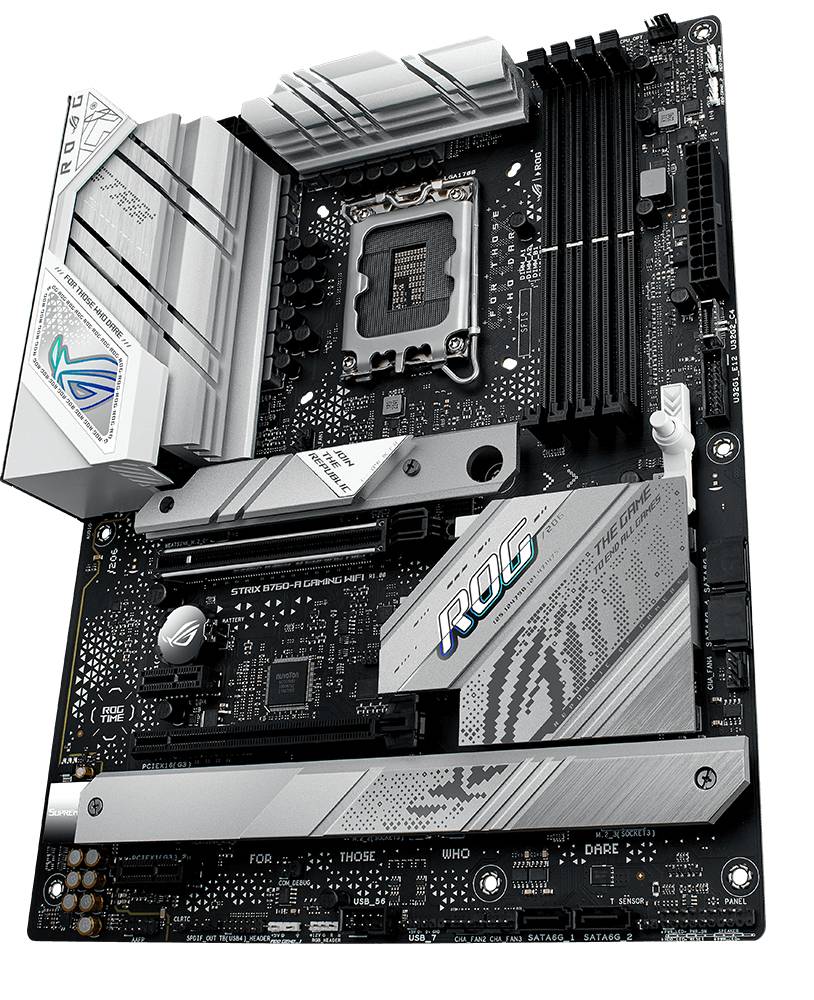 Hochwertiges Computer-Mainboard mit mehreren PCI-Express-Steckplätzen, RAM-Steckplätzen und Kühlsystem, ideal für Gaming-PCs.