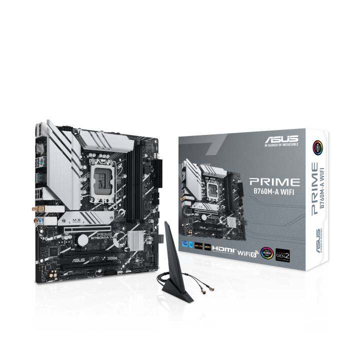 Mainboard Asus Prime B760M-A mit WiFi 6 Antenne, Box und technische Details; optimiert für Intel Prozessoren der 12./13. Generation.