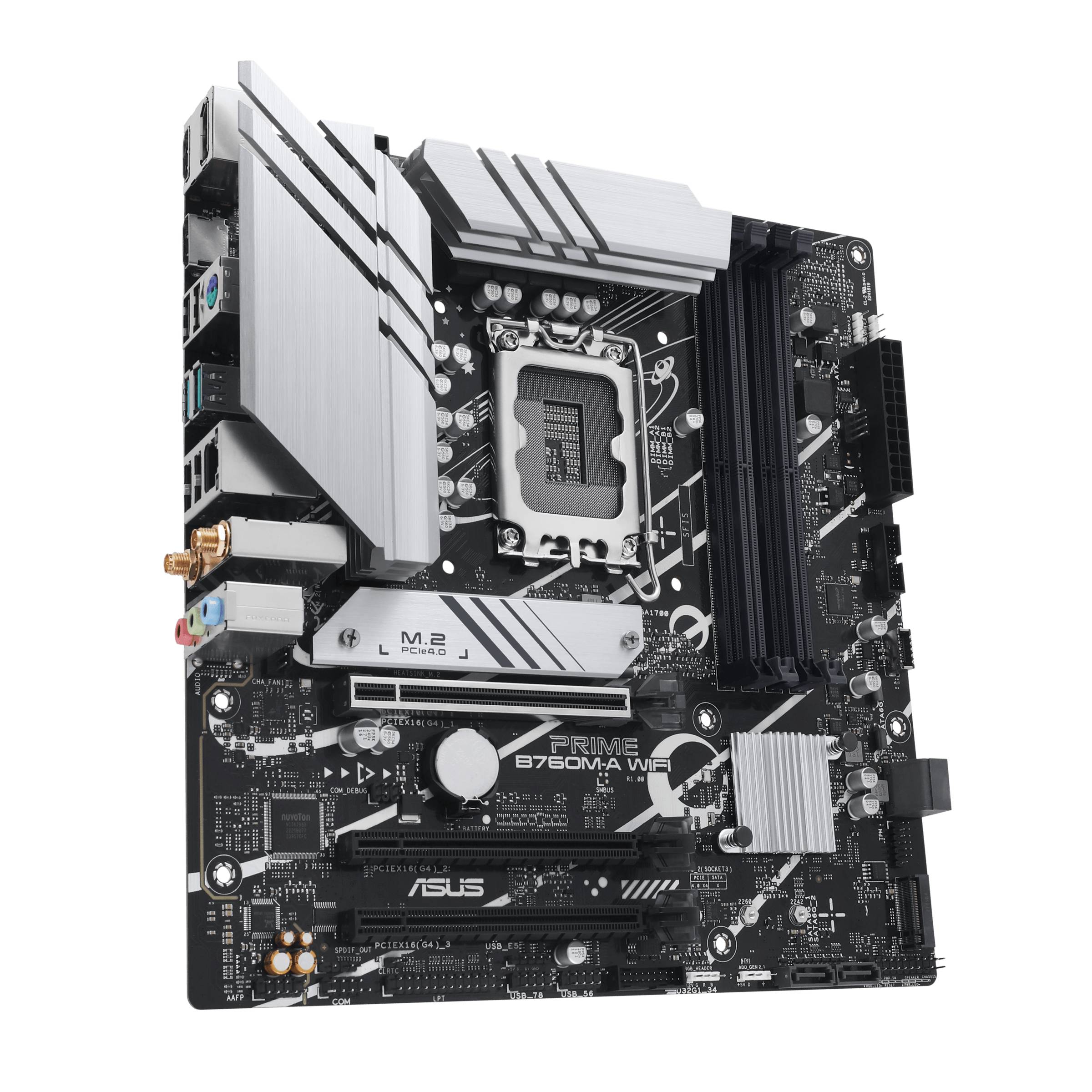 Ein ASUS PRIME B760M-A WiFi-Mainboard mit mehreren PCIe-Steckplätzen, RAM-Steckplätzen und einem CPU-Sockel. Geeignet für leistungsstarke PCs.