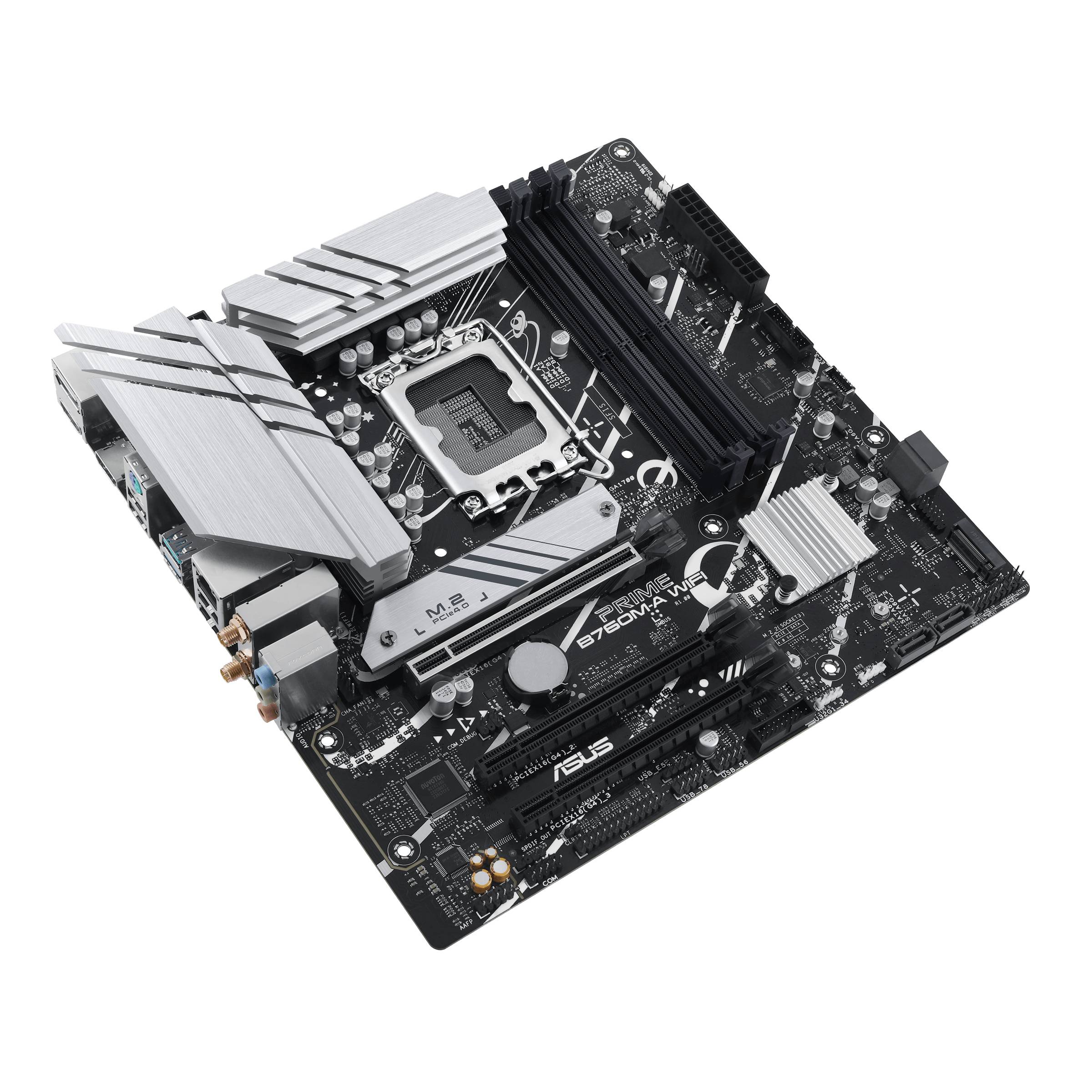 Eine schwarze Asus-Motherboard-Platine mit verschiedenen Anschlüssen und Komponenten für den Bau eines Computersystems.