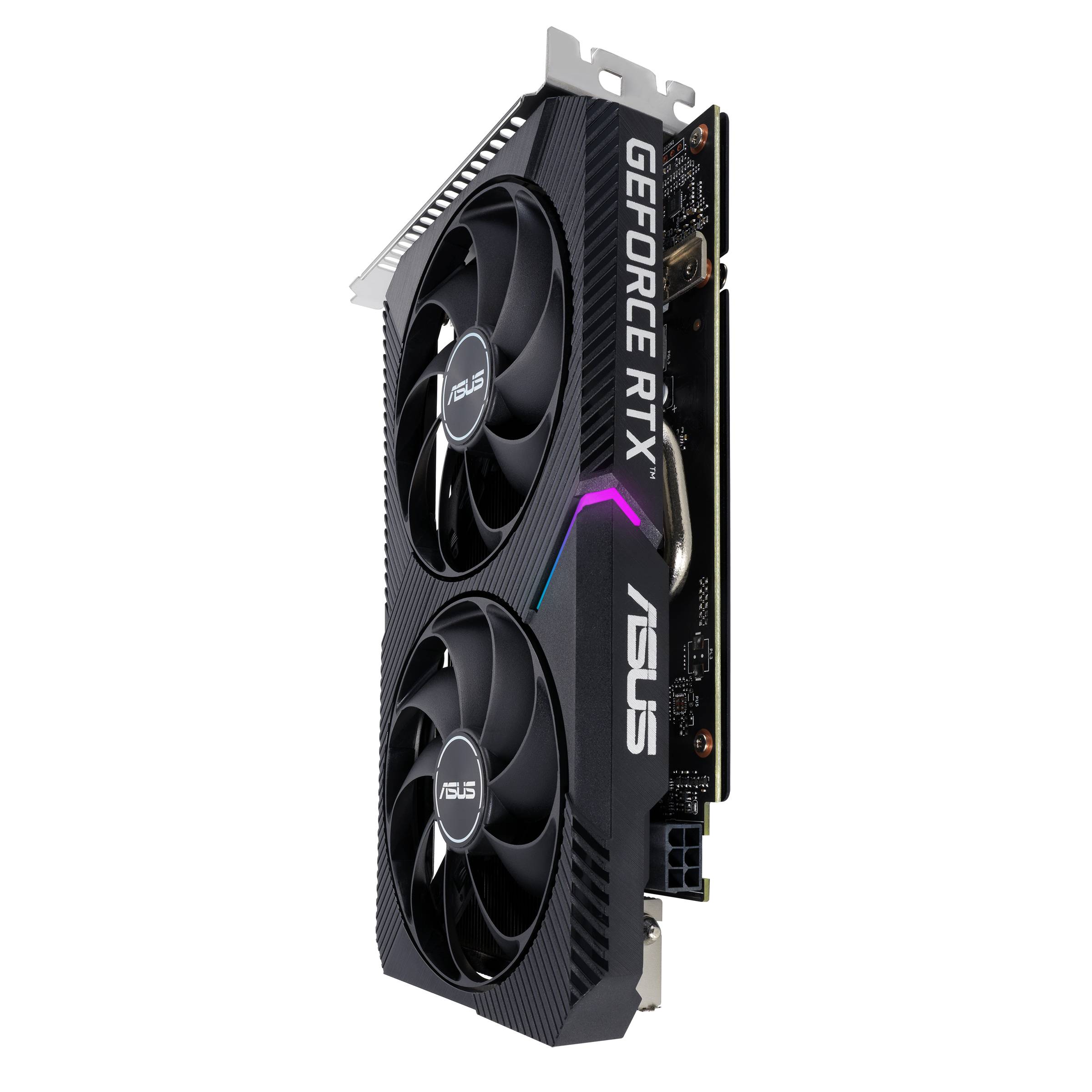 Eine ASUS GeForce RTX Grafikkarte mit zwei Lüftern und RGB-Beleuchtung; zeigt die seitliche Ansicht des Modells.