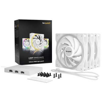 Be quiet! Light Wings White 120mm PWM-Lüfter-Set mit drei Lüftern, Steuermodul, Kabel und Schrauben, in weißer Ausführung gezeigt.