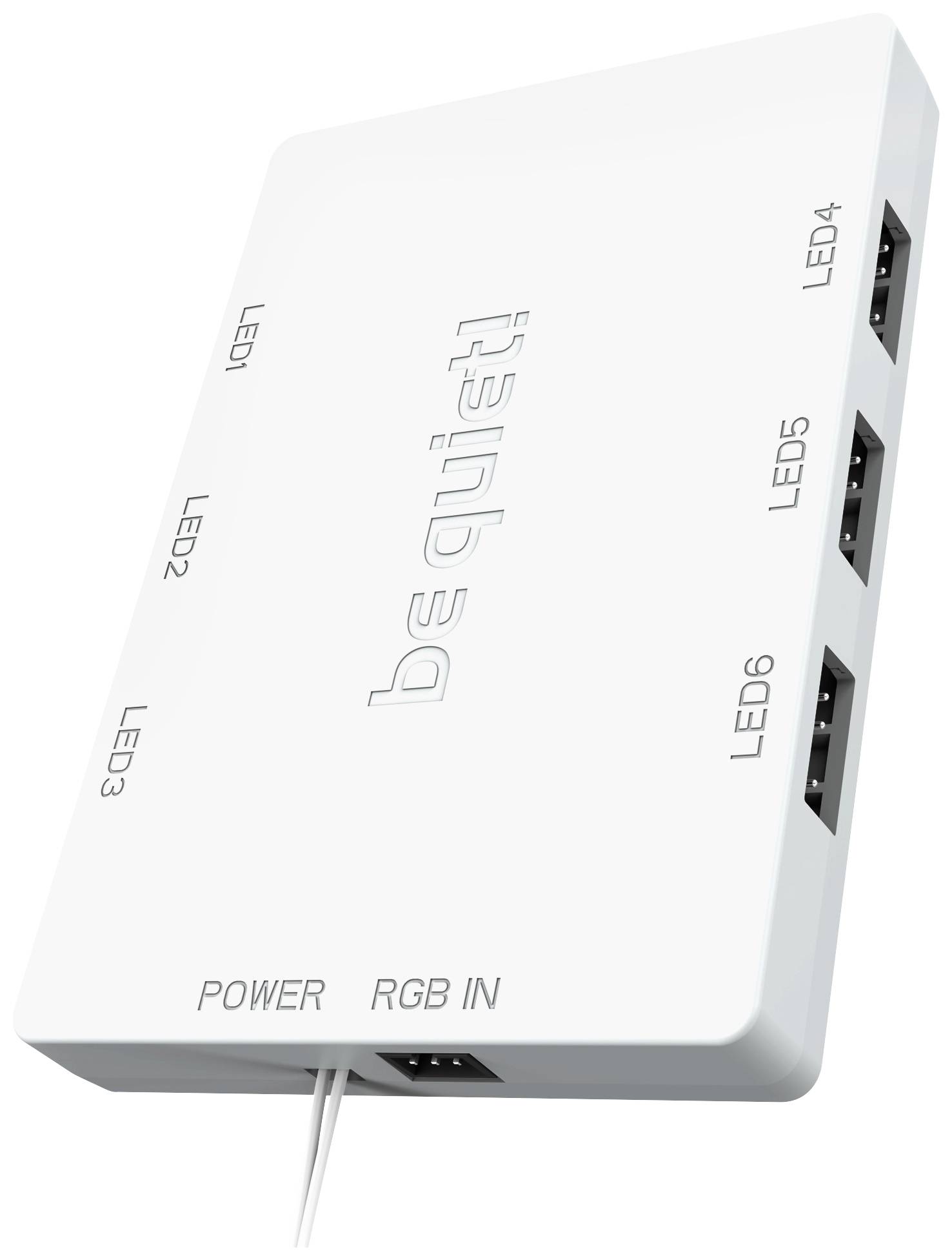Weiße Box mit sechs LED-Anschlüssen, markiert als LED1 bis LED6. In der Mitte steht 'be quiet!'. Unten sind 'POWER' und 'RGB IN'.