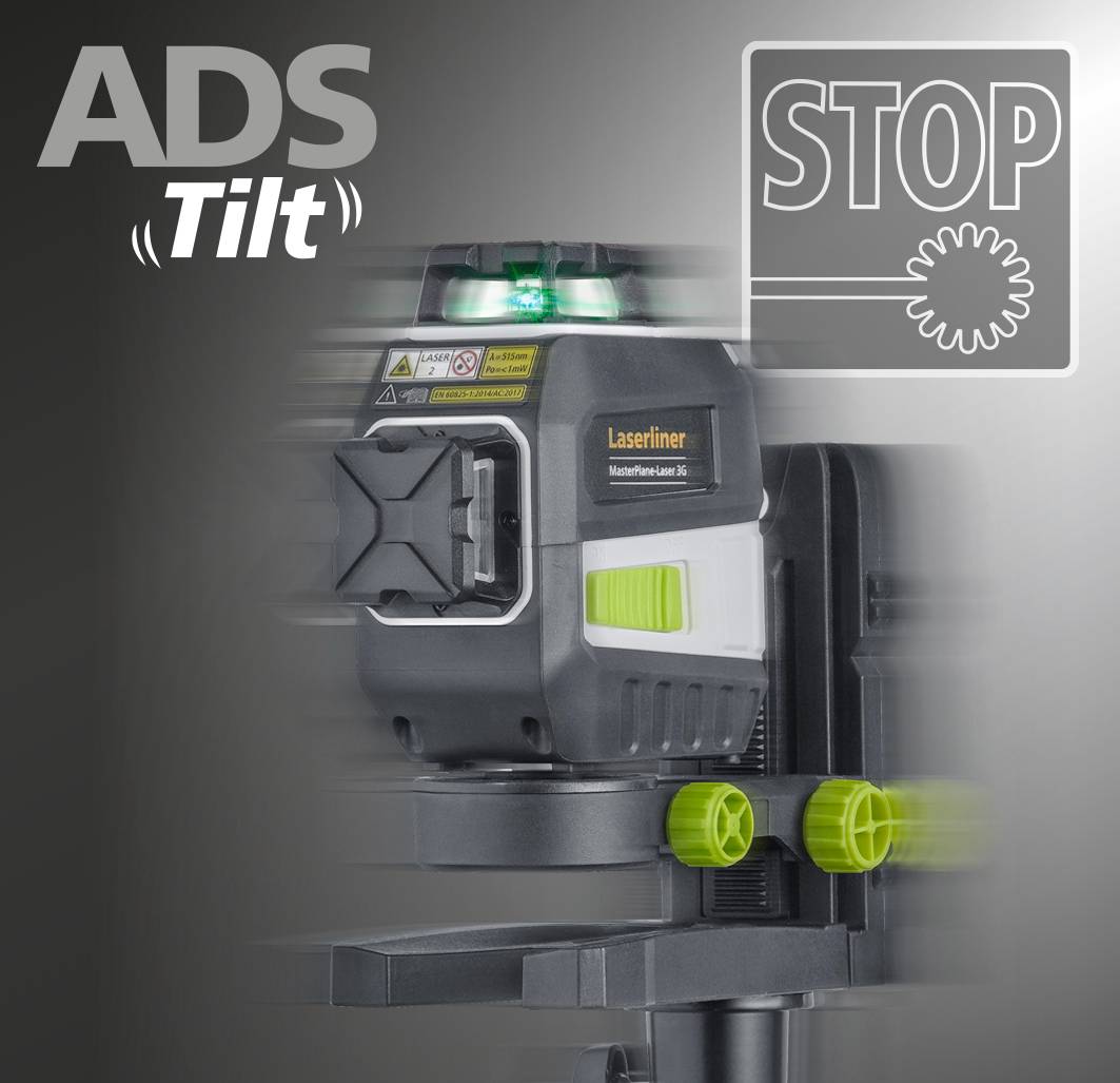Ein Lasernivelliergerät mit grüner LED-Anzeige in Betrieb. Die Aufschriften 'ADS Tilt' und 'Stop' betonen Sicherheits- und Stoppfunktionen.
