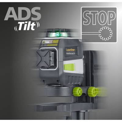 Ein Lasernivelliergerät mit grüner LED-Anzeige in Betrieb. Die Aufschriften 'ADS Tilt' und 'Stop' betonen Sicherheits- und Stoppfunktionen.