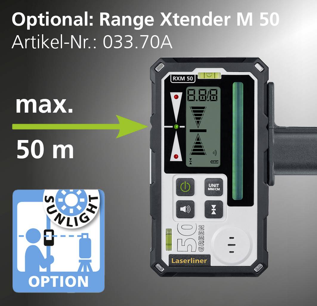 'Laser-Entfernungsmesser RXM 50' zeigt maximale Reichweite von 50 m. Artikel-Nr.: 033.70A. Option 'Range Xtender M 50' in hellem Sonnenlicht.
