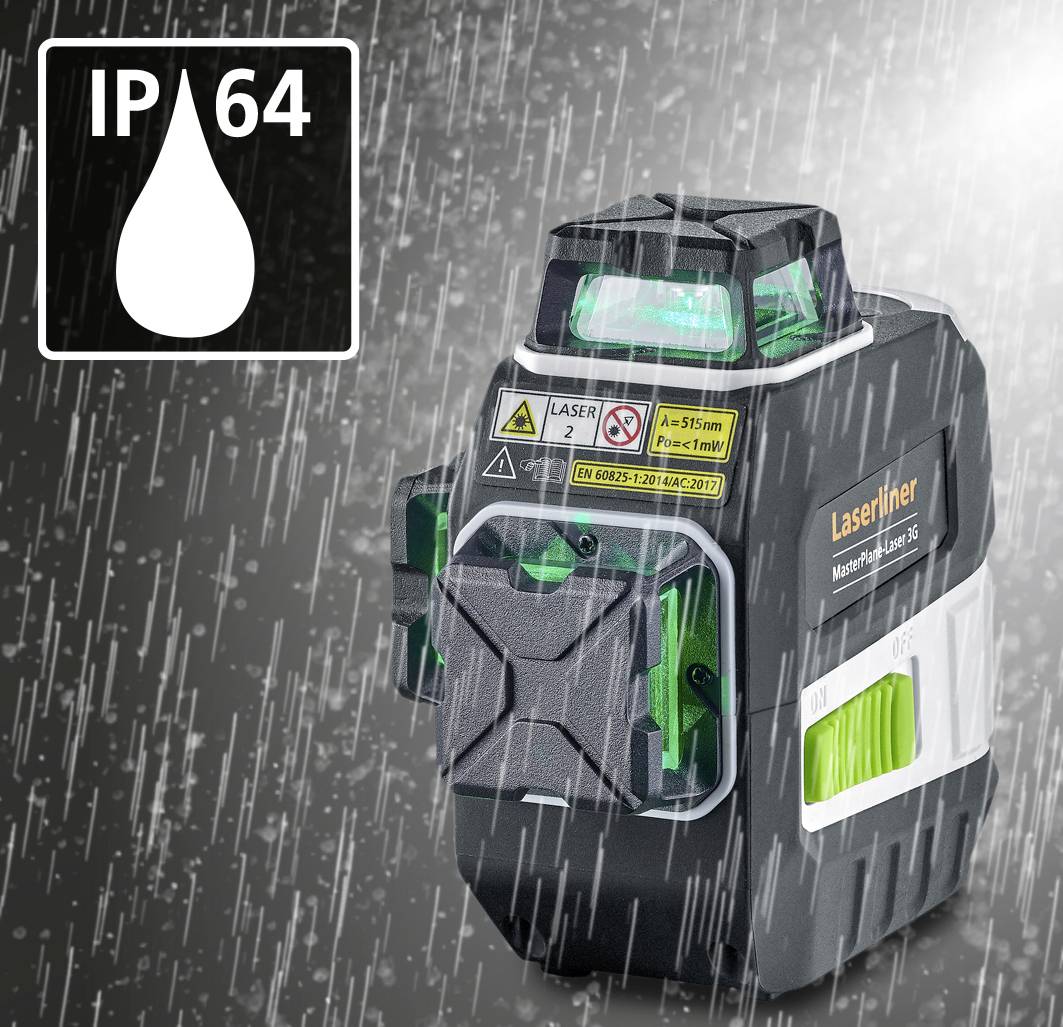 Ein Lasergerät mit Schutzklasse IP64 im Regen. Das Gerät ist mit einem grünen Licht ausgestattet und zeigt Sicherheitswarnungen.