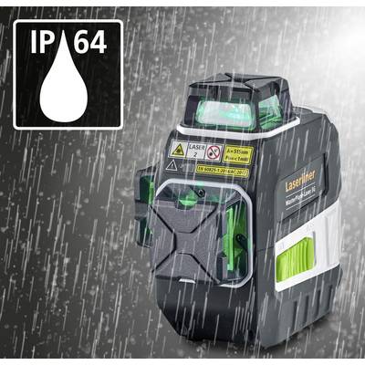 Ein Lasergerät mit Schutzklasse IP64 im Regen. Das Gerät ist mit einem grünen Licht ausgestattet und zeigt Sicherheitswarnungen.